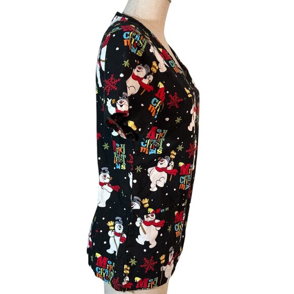 Frosty The Snowman Christmas Scrub Top Size XS 100% Cotton Black Short Sleeve - Picture 3 of 6